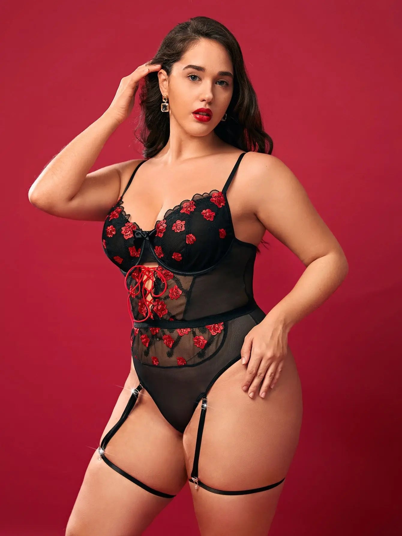 Curvy Women Rose Embroidered Lace Lingerie Bodysuit Sheer Mesh Garter Teddy Corset Babydoll Sexy Exotic Nightwear