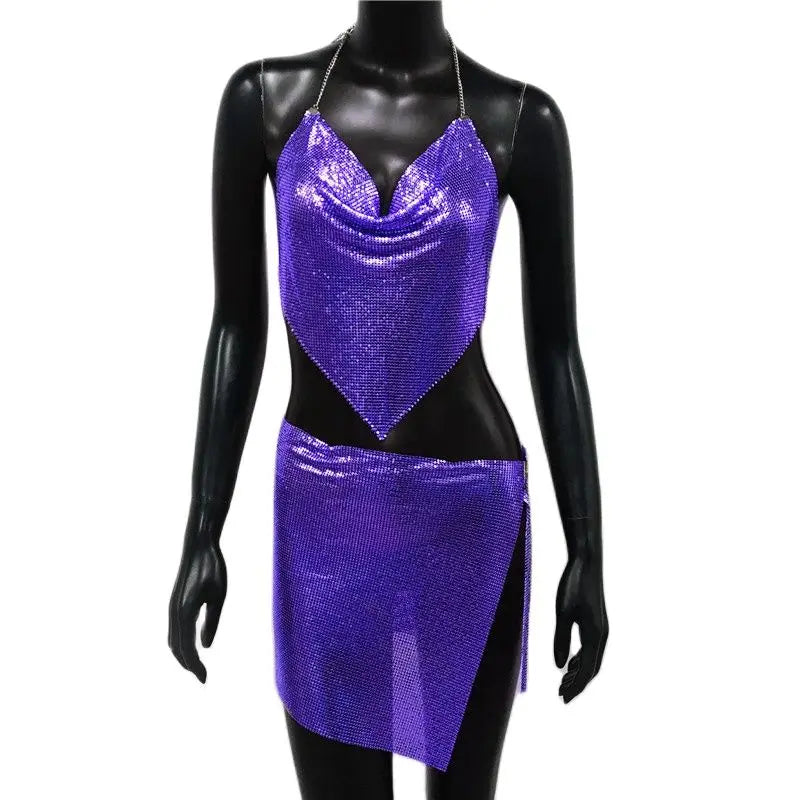 Sexy Metal Sequins 2 Piece Set Women Sleeveless Deep V Neck Backless Halter Tank Tops Split Mini Skirts Beach Party Outfits