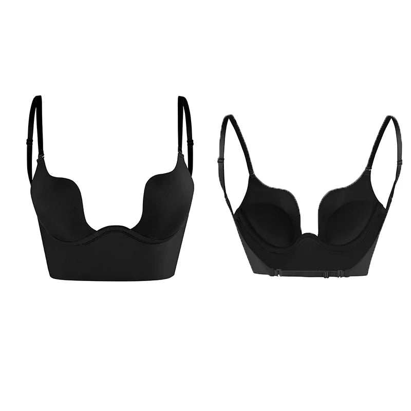 Womens Low Back Bra Wire Lifting Deep U Shaped Plunge Backless Bra with Multiway Convertible Clear Straps Body Shaper Lingeres