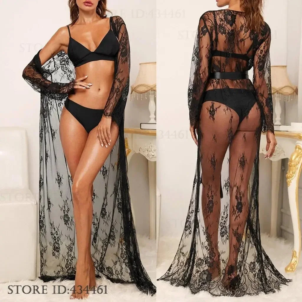 Temptation Perspective Lace Long Robe Nightgown Intimate Lingerie Sexy Mesh Kimono Bathrobe Gown Loose Casual Home Dress Pajama