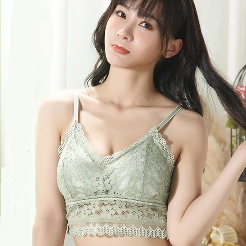 Wireless Embroidery Lace Bra Ice Silk Sling Women Underwear Sexy And Beautiful Back Tops Removable Chest Pad Brassiere
