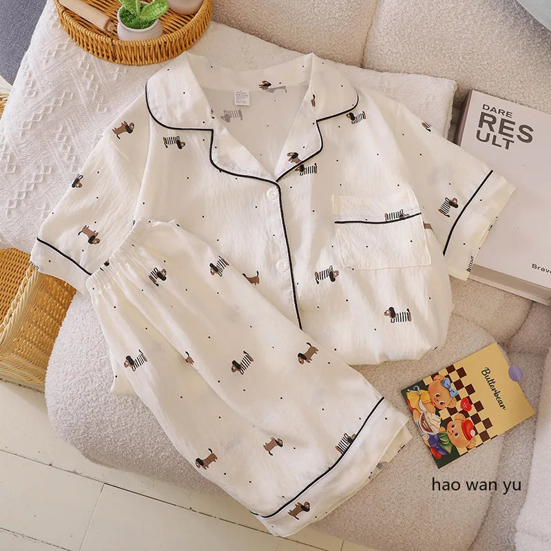 Pajama for Women Short Sleeves with High Luxury Feel Suitable for Outerwear Home Clothing Set Nightwear Homewear Small Dog Print