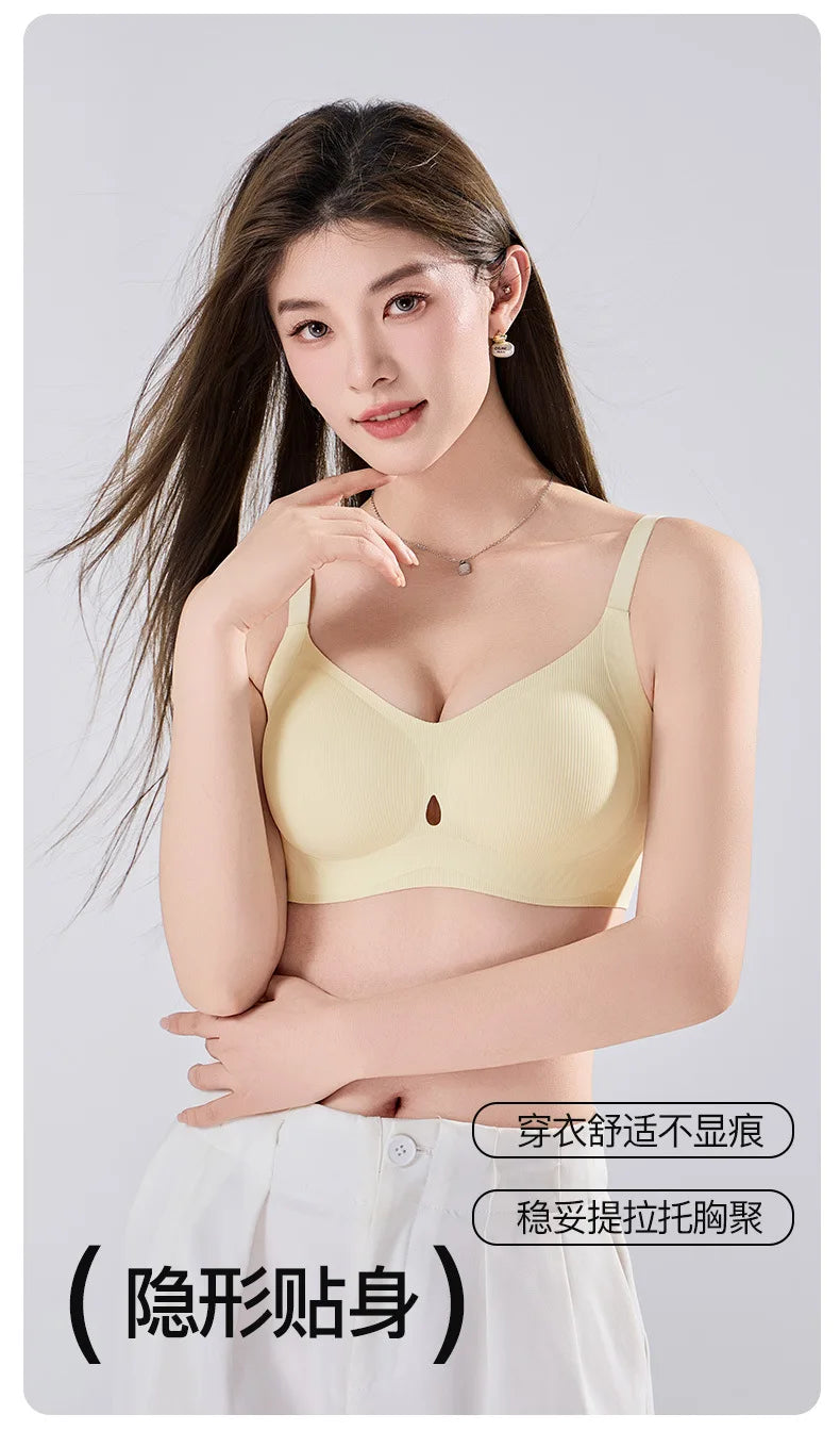 Ribbed Fashion Seamless Bra Without Underwire Skin-Friendly Comfortable Breathable Lift Small Chest Gather Soft Support Bra