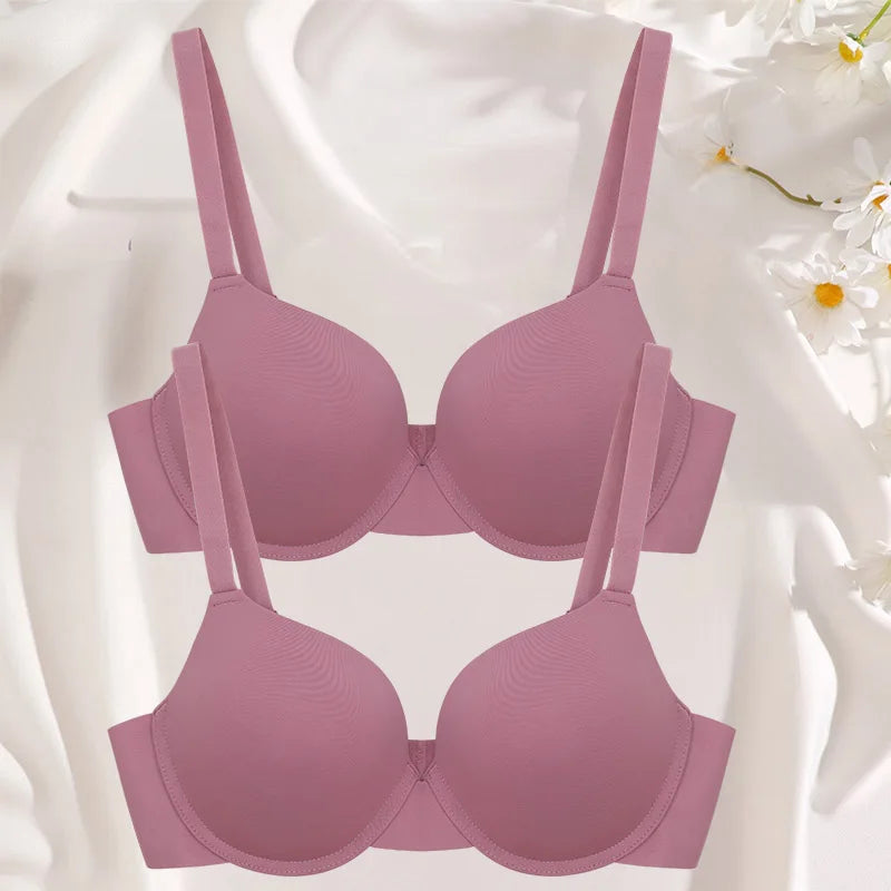 2Pcs/Set Comfortable Adjustable Push Up Bra Shockproof Lingerie Wireless Deep V Bra Anti-sagging Brassiere for Women Summer Bras