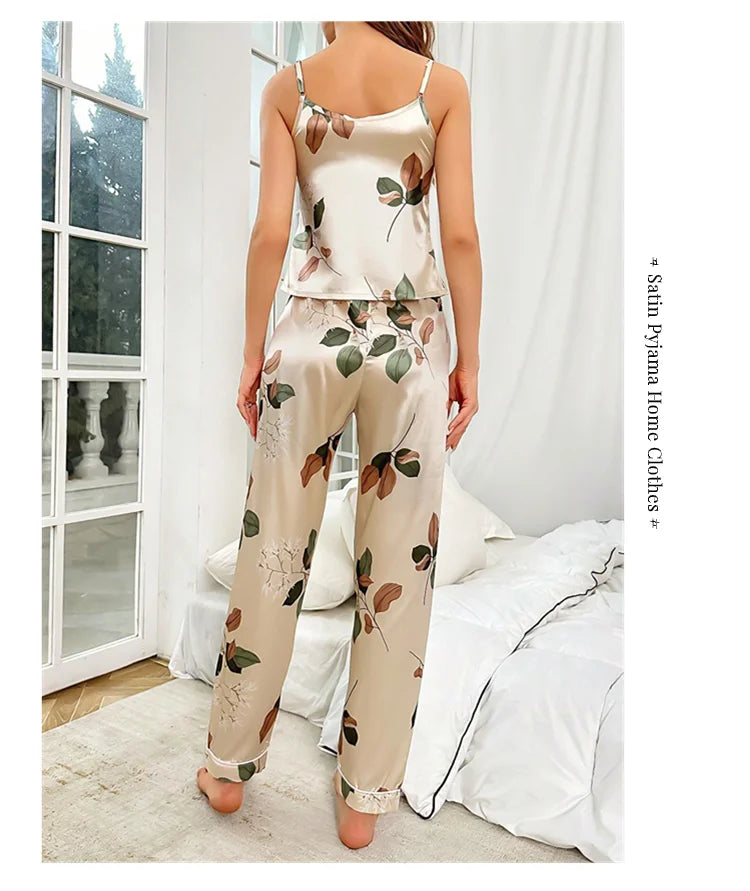 2026 Women's Elegant Leaf Print Satin Pajama Set V Neck Cami Top and Elastic Pants for Comfortable Sleep and Lounging Sleepwear