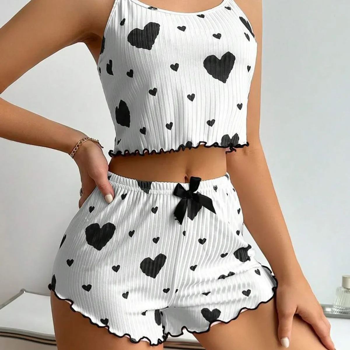 Women's Pajama Set Sexy Cute Kawaii Pajamas Women suspenders Sun-Tops Loungewear Set Shorts Y2K Lolita Heart Silk Sleepwear