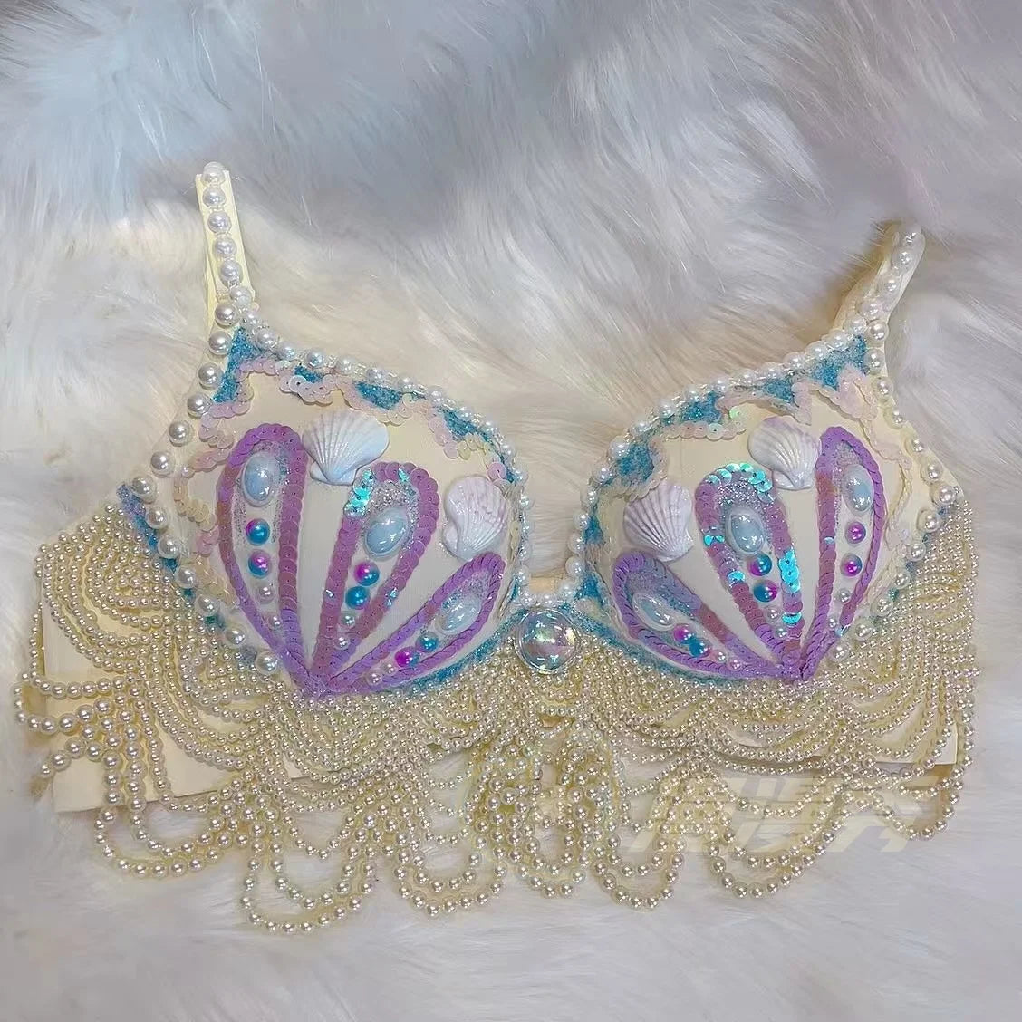 customized sparkling iridescent sequin shell bra pearl chain tassel pool party bra beach vacation pearl jacket belly dance bras