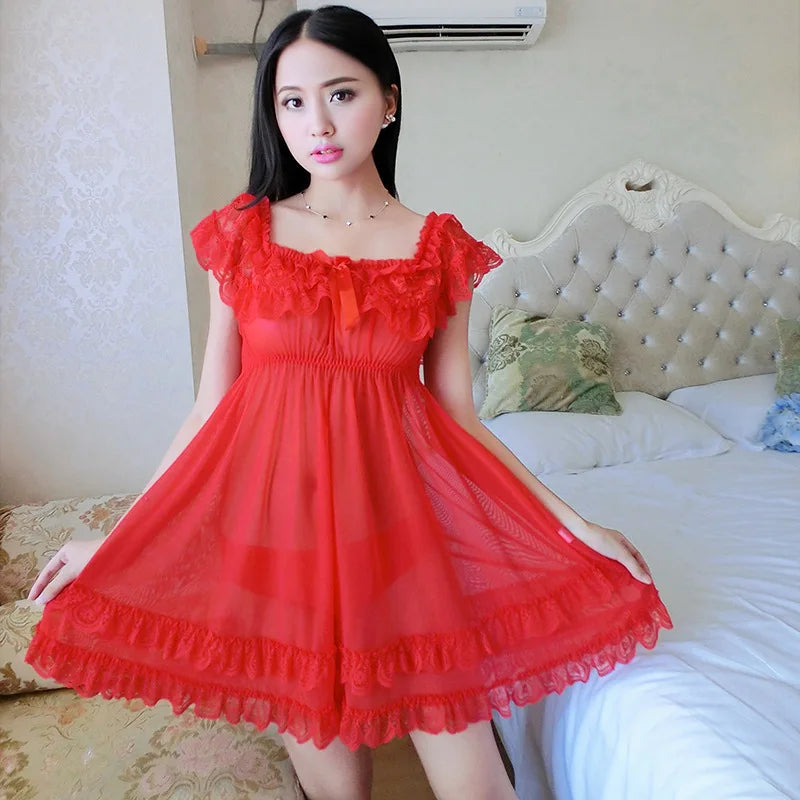 Sexy Lace Lingerie Set for Women Red Sleepwear Nightdress with Matching Panties Sheer Lace Camisole, Romantic Night