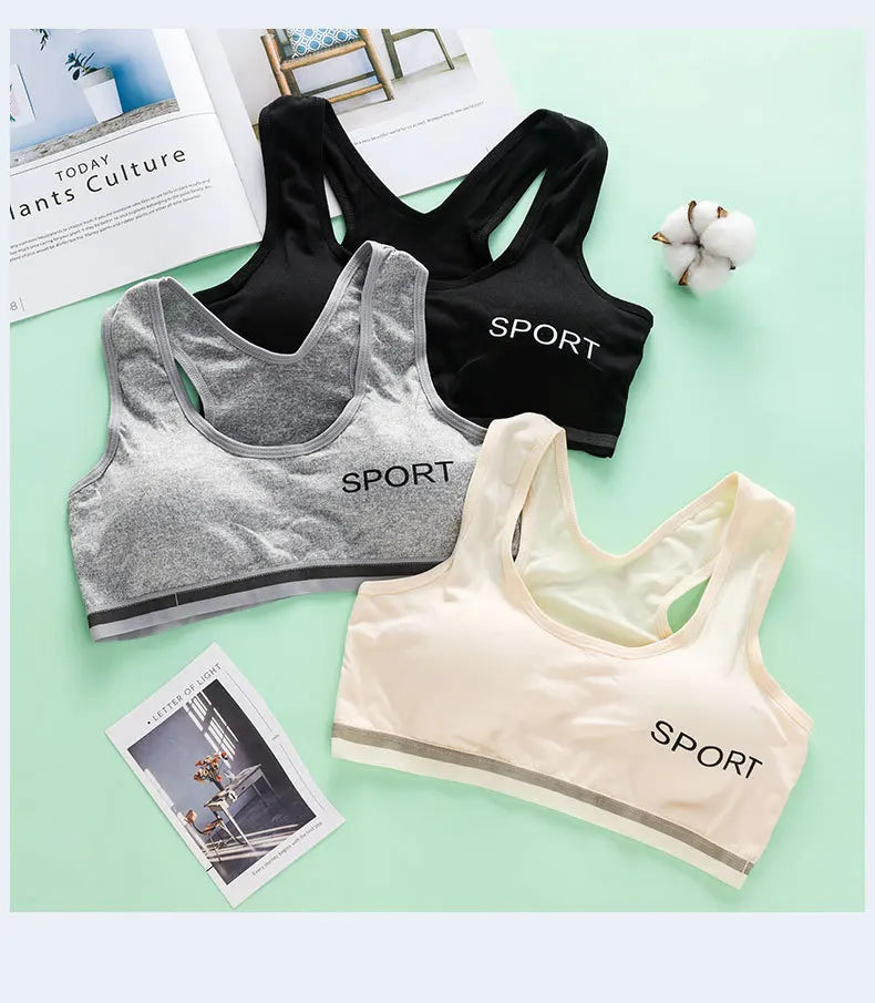 Adolescent Girl Sports Bra Breathable Lightweight Sponge Pad Wide Shoulder Strap Vest Solid Color Simple and Comfortable Bra