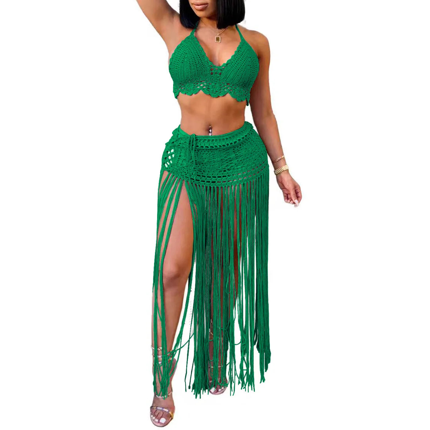 New Women's Two Pieces Swimsuits Beach Style Knitted Bikini Tops High Waist Tassel Long Skirts Female Sexy Cover Up Bikini Sets