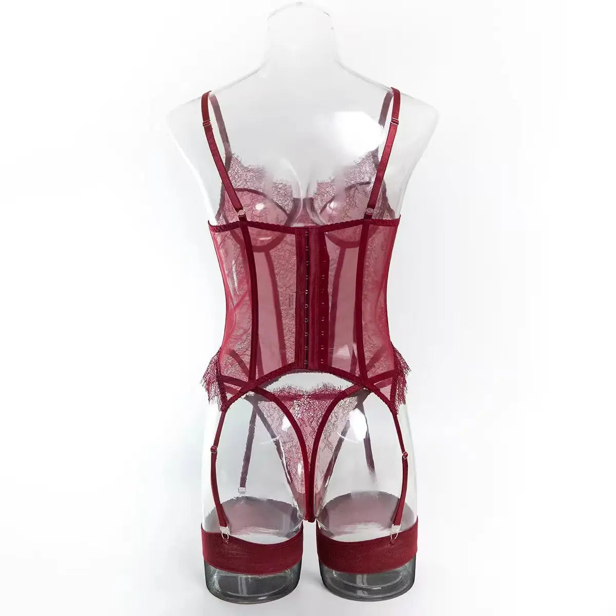Sexy Lace Corset Lingerie Set for Women Push Up Bustier Bodysuit Boned Waist Cincher Garter Belt Stockings Erotic Underwear Set