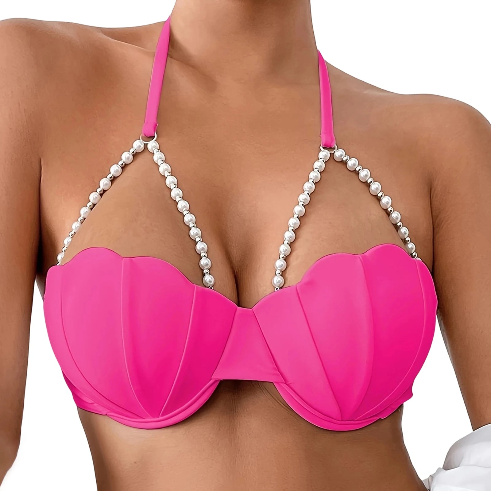 Women's Seashell Bikini Tops Sexy Halter Neck Spaghetti Straps Bathing Suit Bra with Pearl Chain
