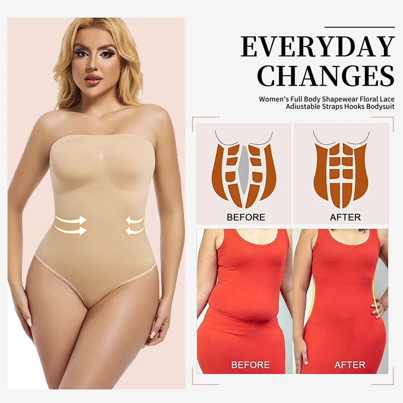 Strapless Shapewear Bodysuit Off the Shoulder Seamless Tummy Control Body Shaper Removable Shoulder Strap Sexy Leotard