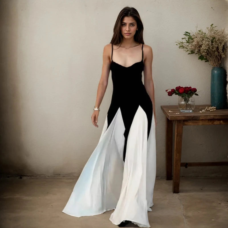 Sexy Sleeveless Women's Slip Dresses Elegant Contrast Color Spaghetti Straps Backless Long Dress Fashion Luxury Party Vestidos