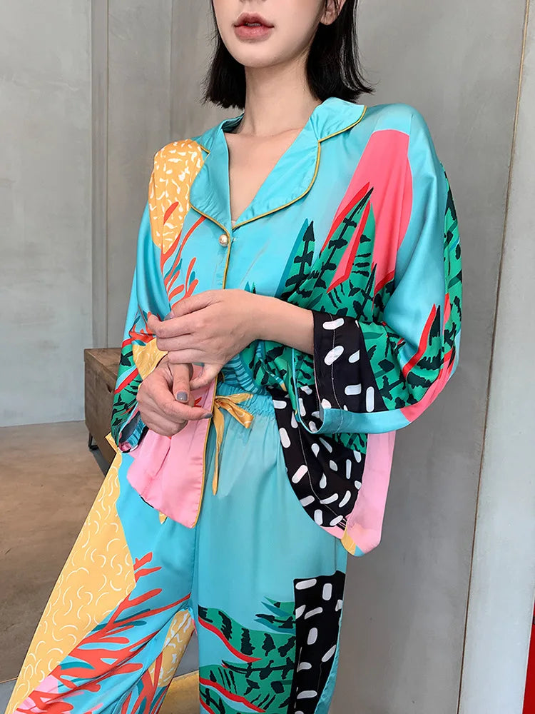 Satin Pajamas Set Spring Summer Home Suit with Pant Women's Print Pijama Suit Silk Pijama Set Sleepwear for Female Pyjamas