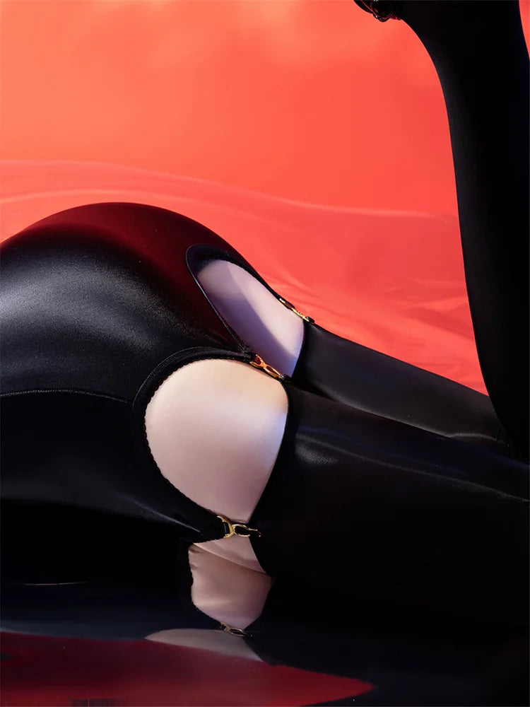 Sexy Women Elastic Tight Pencil Skirt Oil Glossy Shiny Micro Mini Packet Hip Skirts Cosplay Maid Wear With Garters Stockings