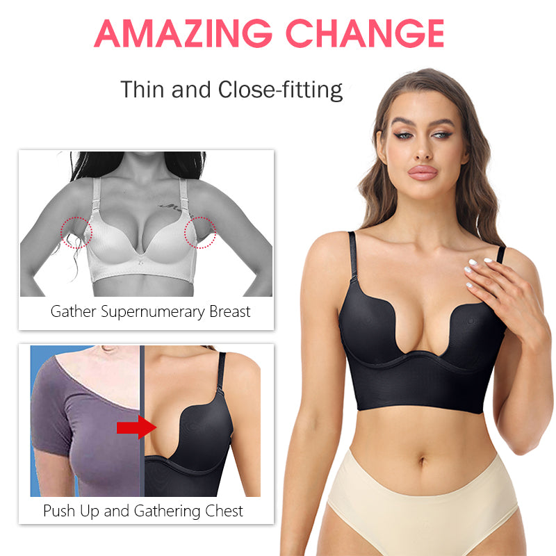 Seam-free Womens Low Cut Plunge Bra Wire Lifting Deep U Shaped Multi-Way Push Up Convertible Plunge Backless Sexy Bra