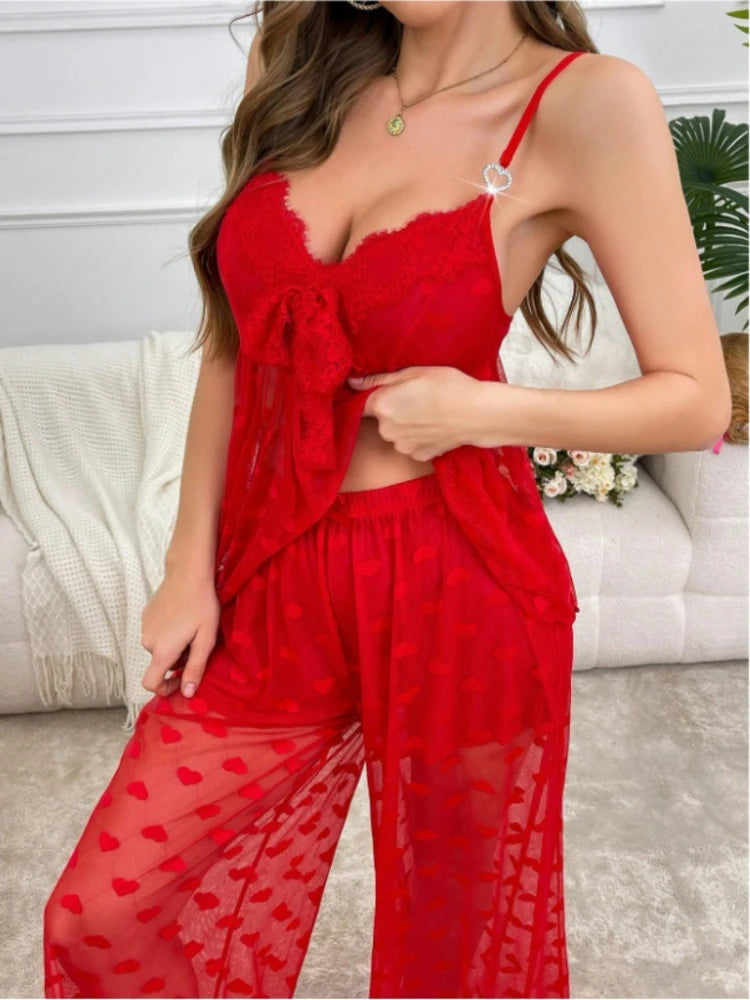 Sexy Ladies Pajama Set 2-piece   Lace Heart Transparent Strappy Bra and Long Pants   Petal Lace Lingerie Set   Sexy Sleepwear