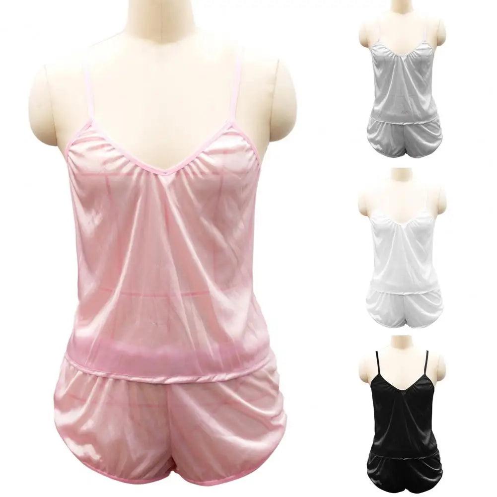 1 Set Simple Pajama Set  Spaghetti Straps Ladies Vest Shorts  Off Shoulder Low Cut Pajama Set