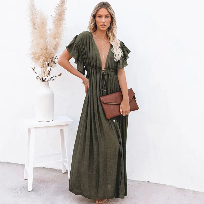 Women's Beach Cover Ups Button Down Sunscreen Bikini Swimwears Vacation Bamboo Maxi Sundress Oversized Bathing Suit Cover Ups