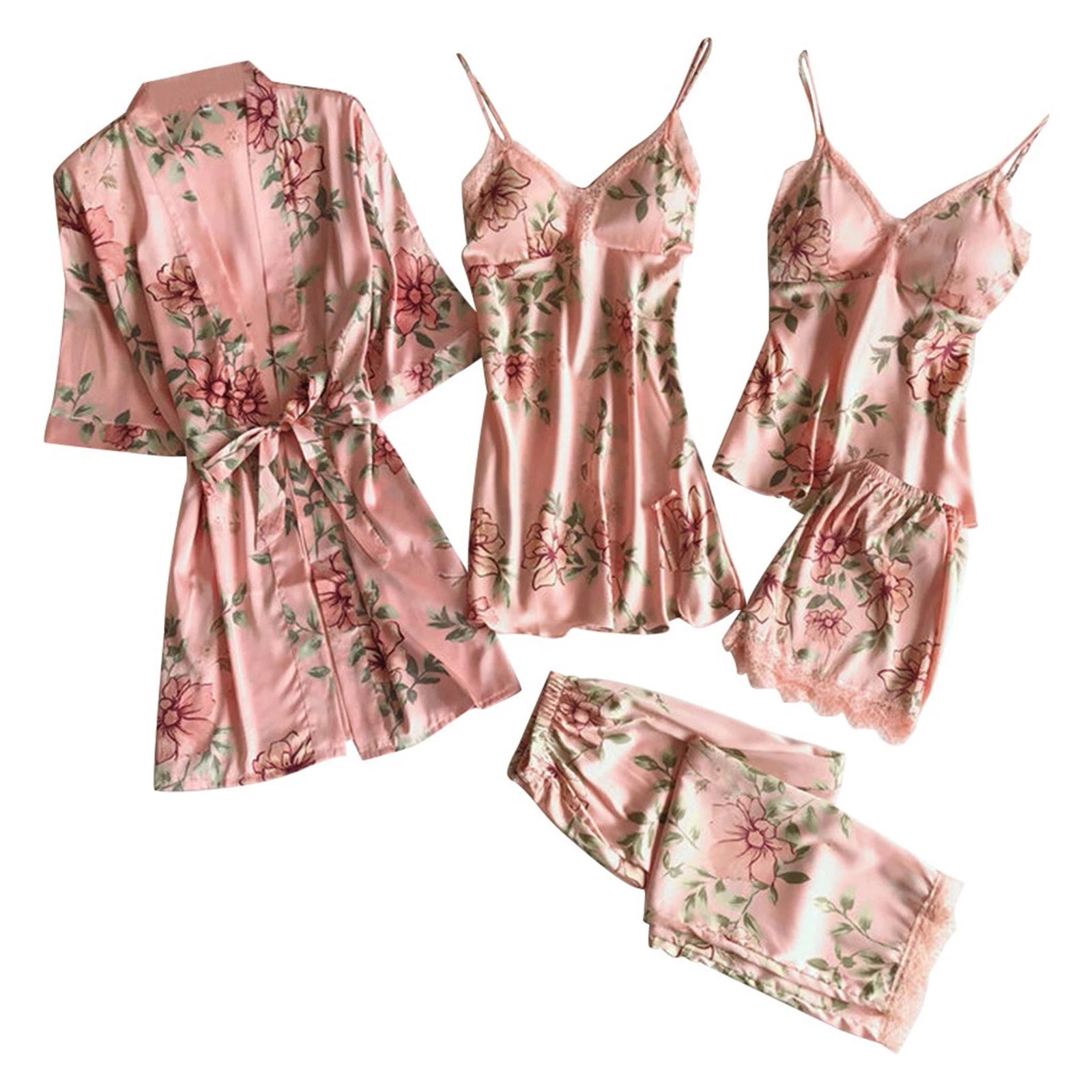 Women'S Printed Sleepwear Loose And Comfortable Lace Five Piece Set Sleeveless Camisole Nightdress Home Clothing Bathrobe
