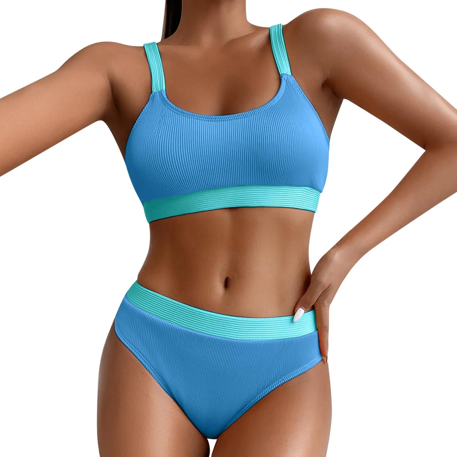 Color Block Swimsuits for Women Crew Neck Ribbed Stripe Bikini Bra High Waist Traceless Breath Comfty Fashion Bikinis Shorts