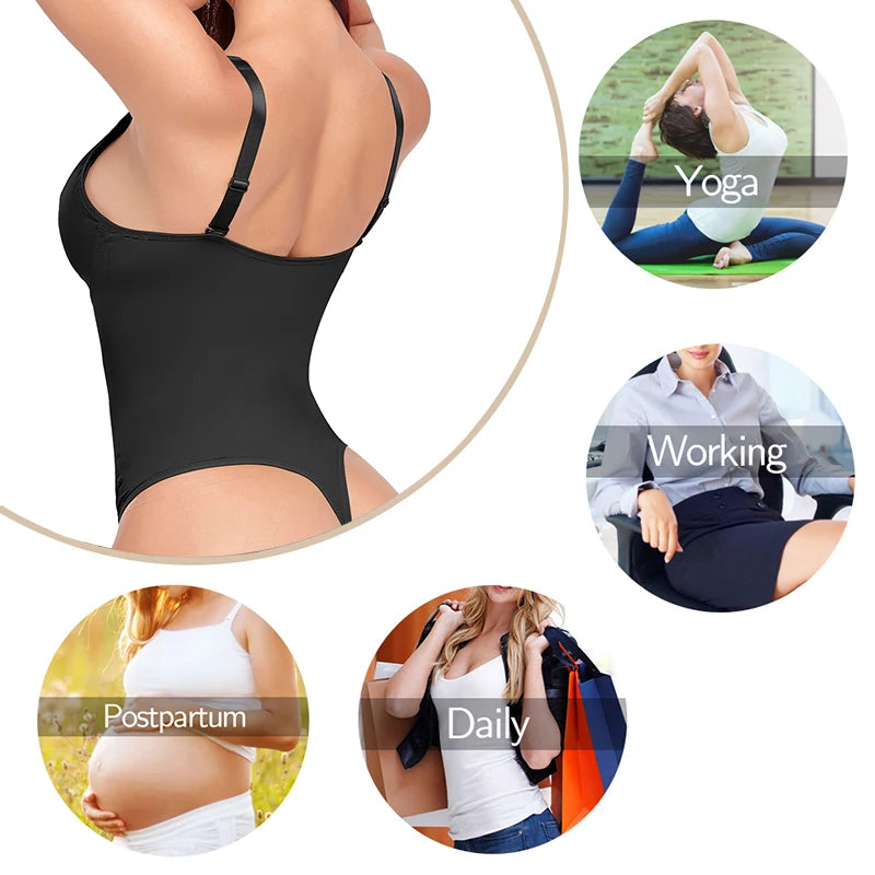 Shapewear Bodysuit Thong Body Shaper for Women Waist Trainer Corset Deep V Neck Slimming Underwear Built-in Bra Camisoles Tops