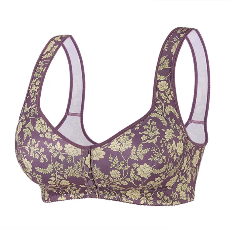 plus Size Front Closure Wireless Floral Print Bra Full Coverage Comfortable Support Bralette for Women Wide Band Everyday Wear