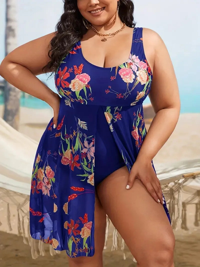Plant Print Split Hem Monokini Flattering Plus Size One-piece Swimsuits for Women U-neck Summer Skirt Style Split Bathing Suit