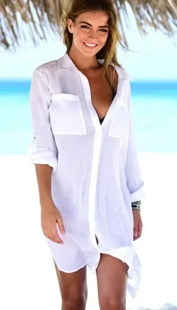 Sexy Beach Cover Up Women Bikini Pocket Swimsuit Cover Up Hollow Out T-shirt White Bathing Suit Cover-Ups Tunics Beachwear Robe
