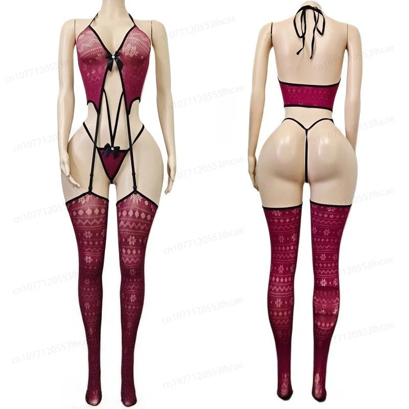 Womens Sexy Mesh Lingerie Sets Exotic Apparel Sexy Slimming Bodystockings Garter Erotic Lace Underwear Bodysuit