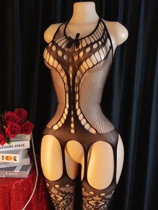 Lace Bra One-Piece Set Crotchless Lingerie Women's Curve Jumpsuit Hot Open Bras Body Stockings Halter Neck See-through Underwear