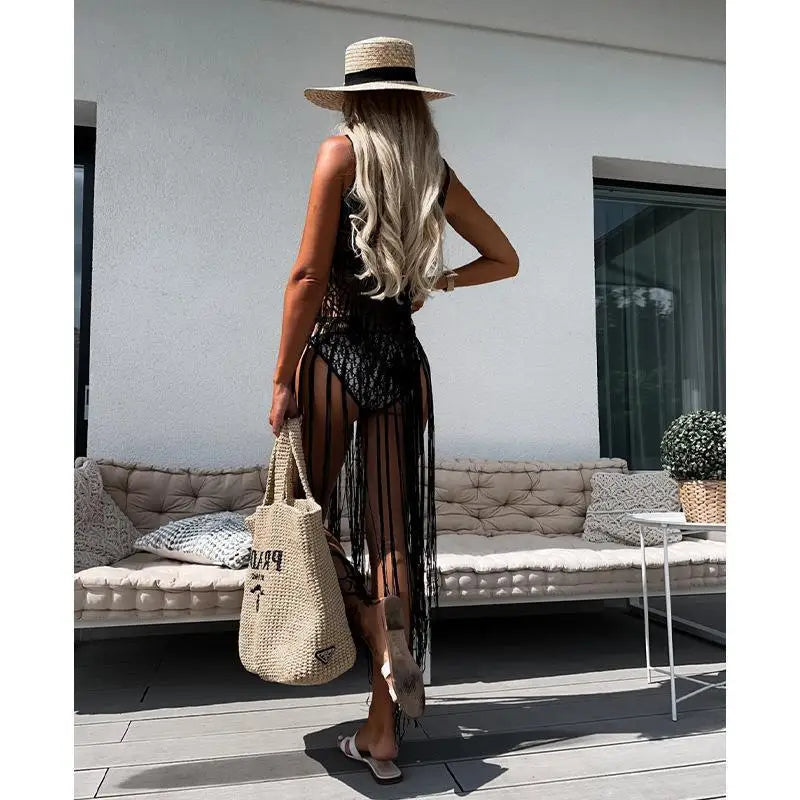 Beach Cover Ups for Swimwear Women Sexy Hand Hook Hollow Out Sunscreen Shirt with Long Tassel Beach Cover