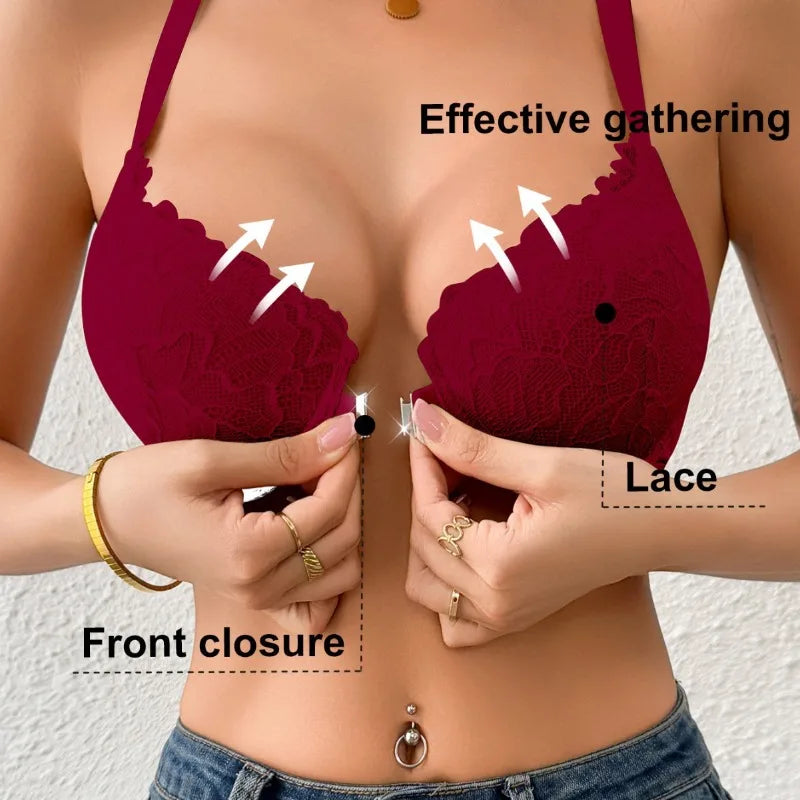 Lightly padded, underwired lace push-up bra with front closure and beautiful back design