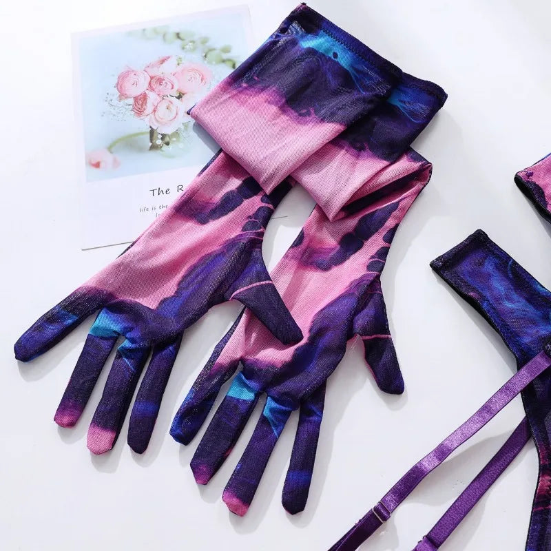 5 Pieces Lingerie Set Women Nightwear tie-dye Printed Halloween Underwear Bras Panties Golves Stocking Erotic Laungerie Set