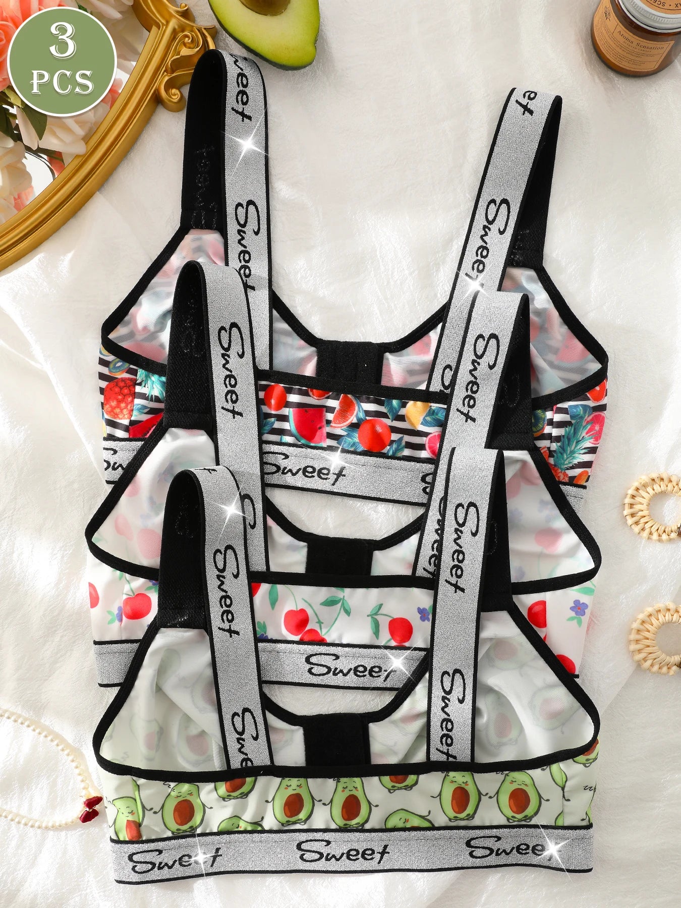 3 Pack Women's Wireless Bra, Mixed Fruit Print Front Closure Shiny Trim Comfort Bralette