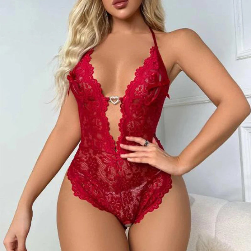 Women Lace Body Suit Sexy Lingerie Sleepwear Mesh Lace Floral Deep V See-through Teddies Bodysuits Naughty Eroctic Costumes