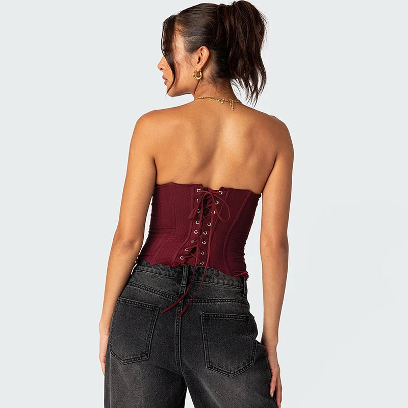 Women Sheer Lingerie Streetwear Lace-up Bustier Corset Tops Slim Backless y2k Tank Top Strapless Striped Sheath Sexy Camisole