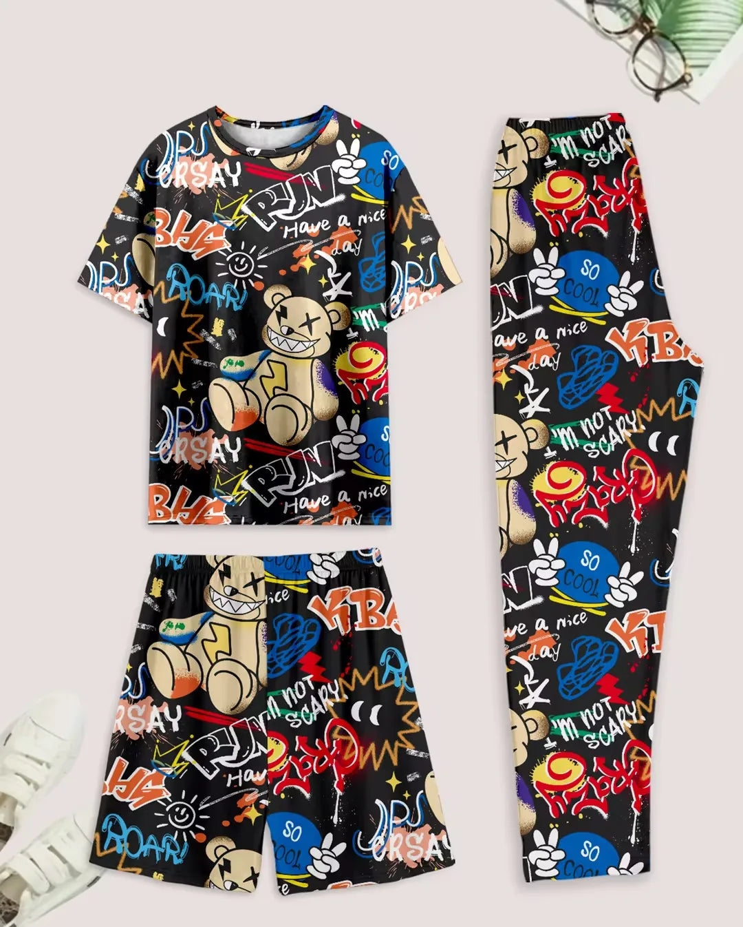 Men's casual pajama set of 3 pieces, bear-print short-sleeved T-shirt, shorts, and pants, comfortable summer clothing