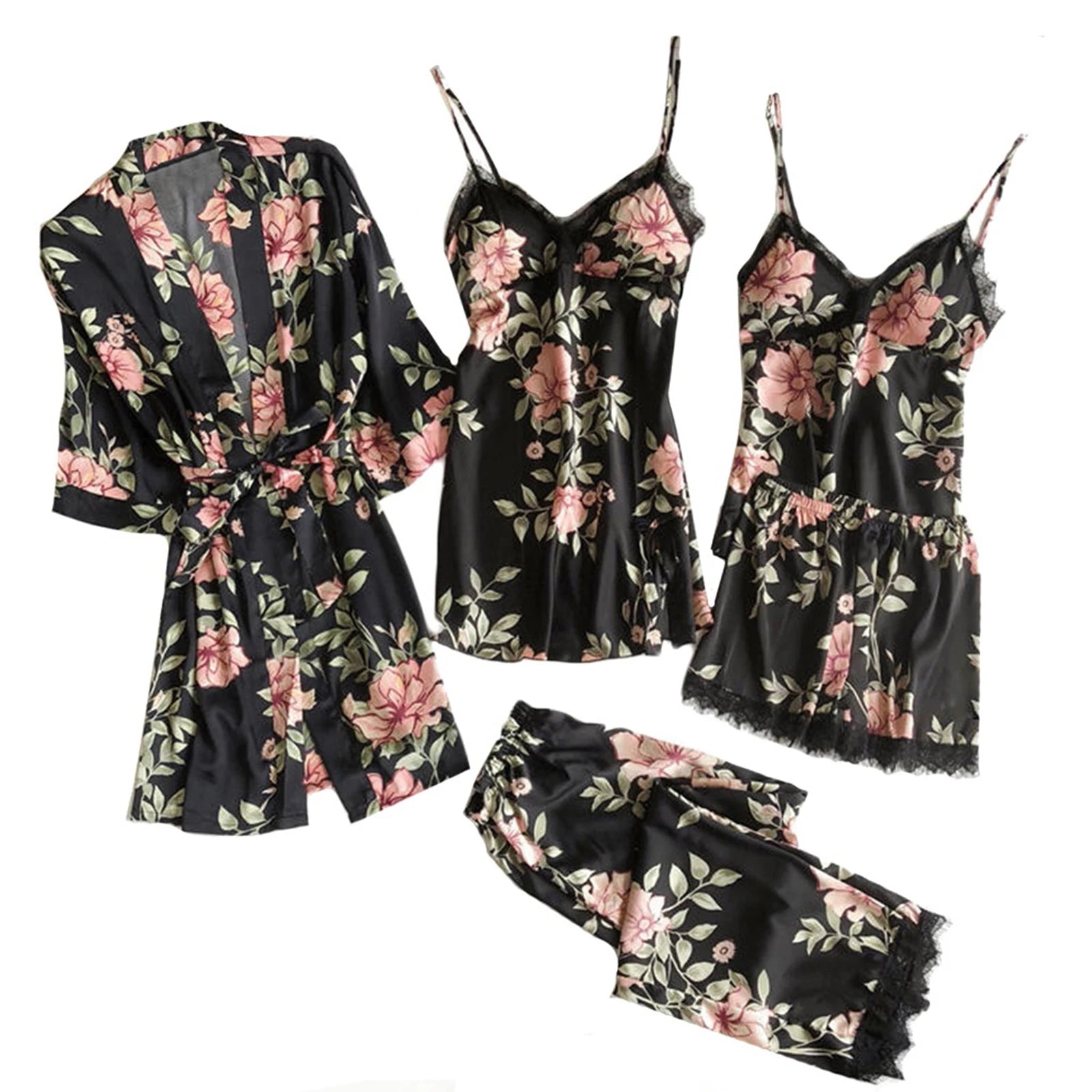 Women'S Printed Sleepwear Loose And Comfortable Lace Five Piece Set Sleeveless Camisole Nightdress Home Clothing Bathrobe