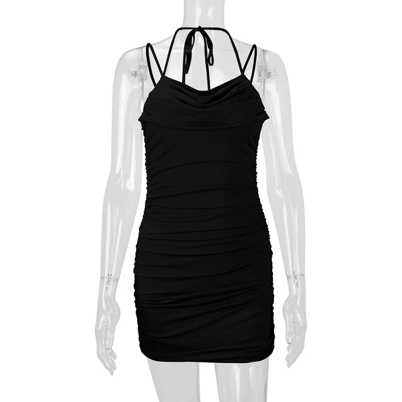 American Sexy Slip Dress Women Pleated Ruffled Neckline Slim Fashion Camisole Dress Solid Summer Vacation Party Mini Vestidos