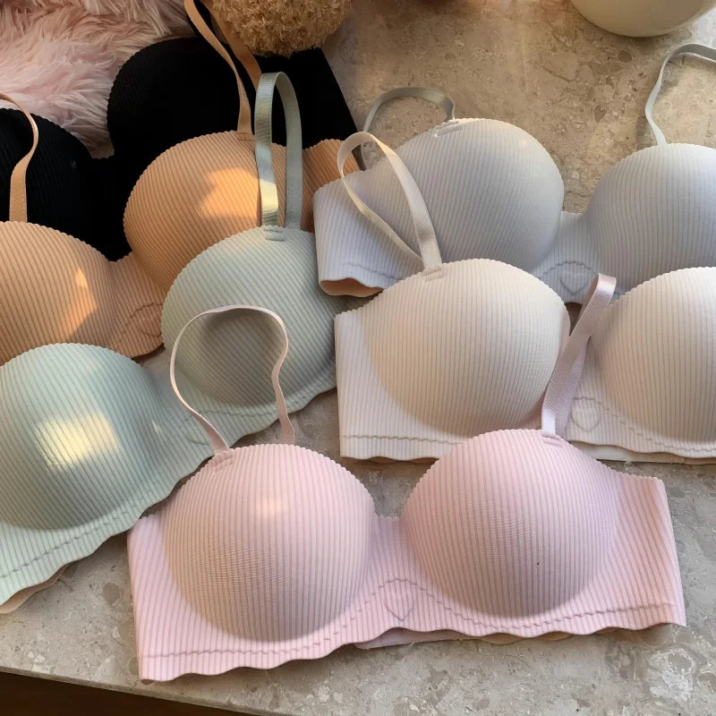 Sexy Push-Up Bra Women's Non-wire Ribbed Bralette Soft Fixed Half-Cup Underwear Seamless Invisible Bra Small Chest Lingerie S-XL