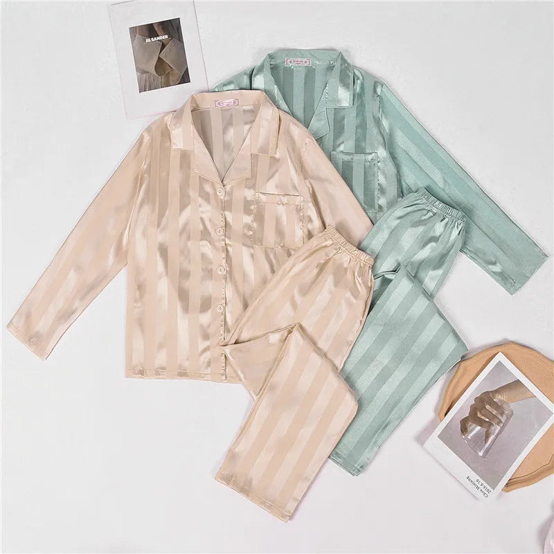 Women's striped pajama set, solid French silk satin pajamas, two piece set, comfortable home pajamas