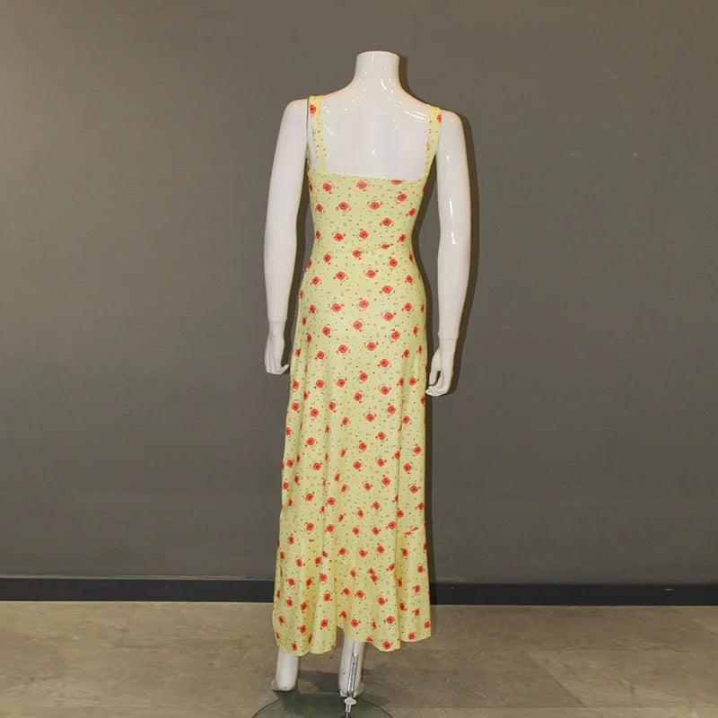 Women Slip Slim  Dress  Lady Elegant  Floral Yellow Long Dress Female Fashion Sexy Beach Vacation Dress