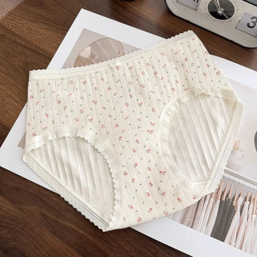 Lingerie Mid-waist Underwear for Women Bear Grid Sweet Floral Panties Underpants Bow Cotton Briefs Lady