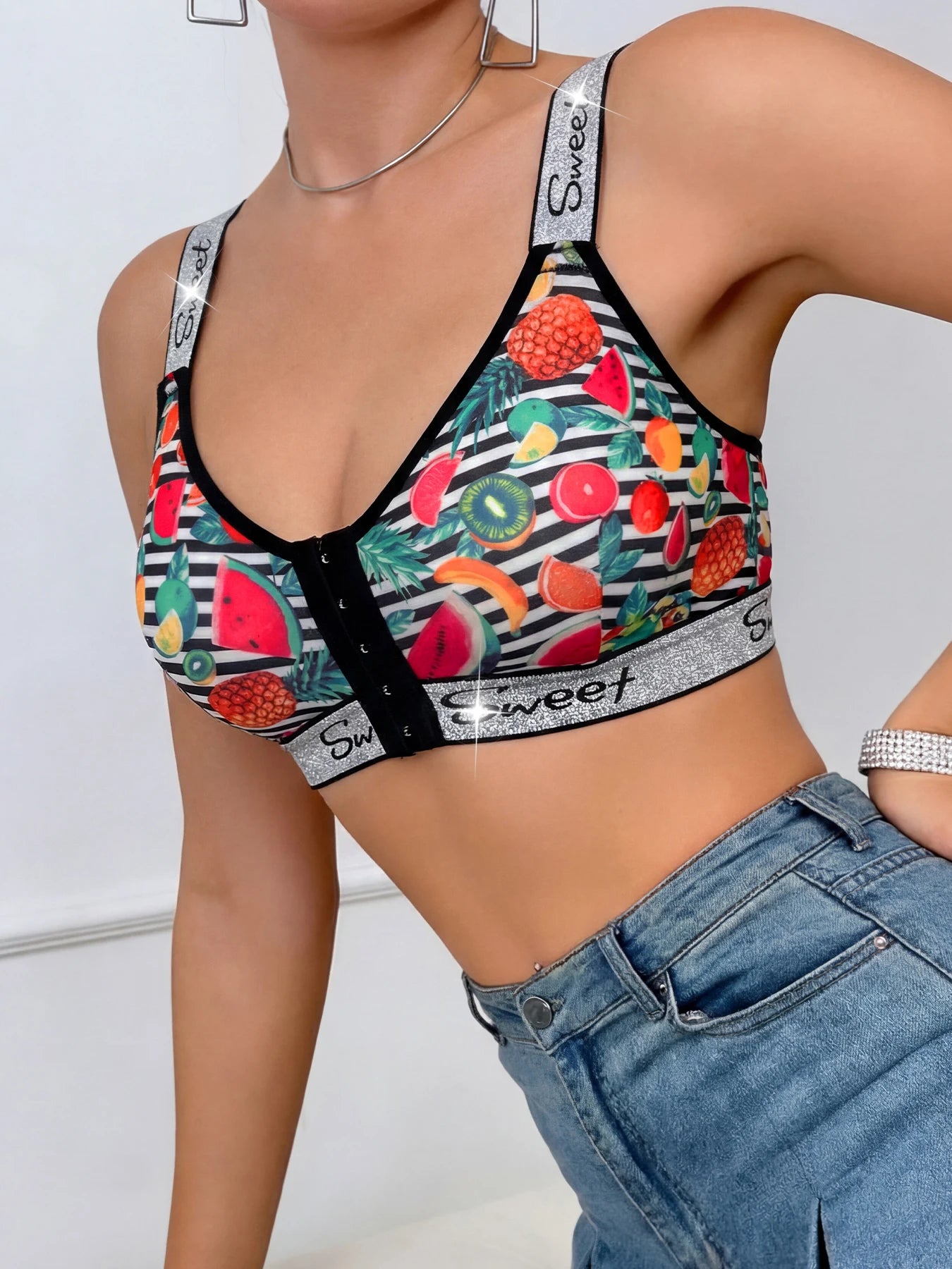 3 Pack Women's Wireless Bra, Mixed Fruit Print Front Closure Shiny Trim Comfort Bralette