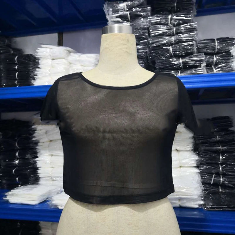 Sexy T Shirt See Through Mesh Black Tee Sheer Slim Short Sleeve Sheer Tank Crop Top Women Clothing Blouse Transparent Clubwear