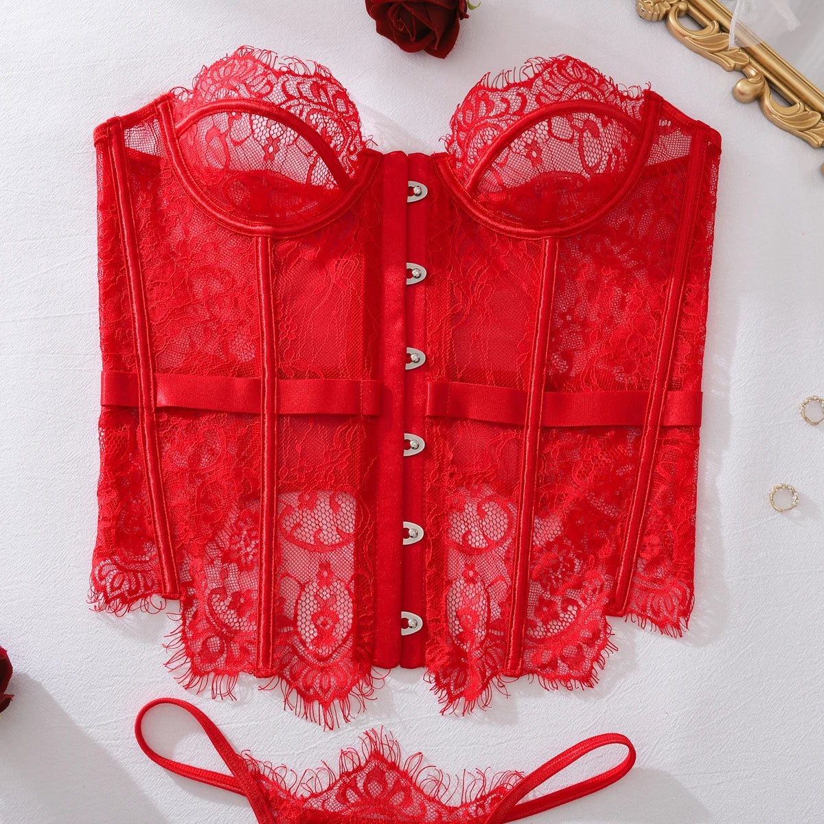 2025 new product: two-piece lingerie set for women, featuring eyelash lace, wavy low-cut fishbone design, and sexy body-shaping