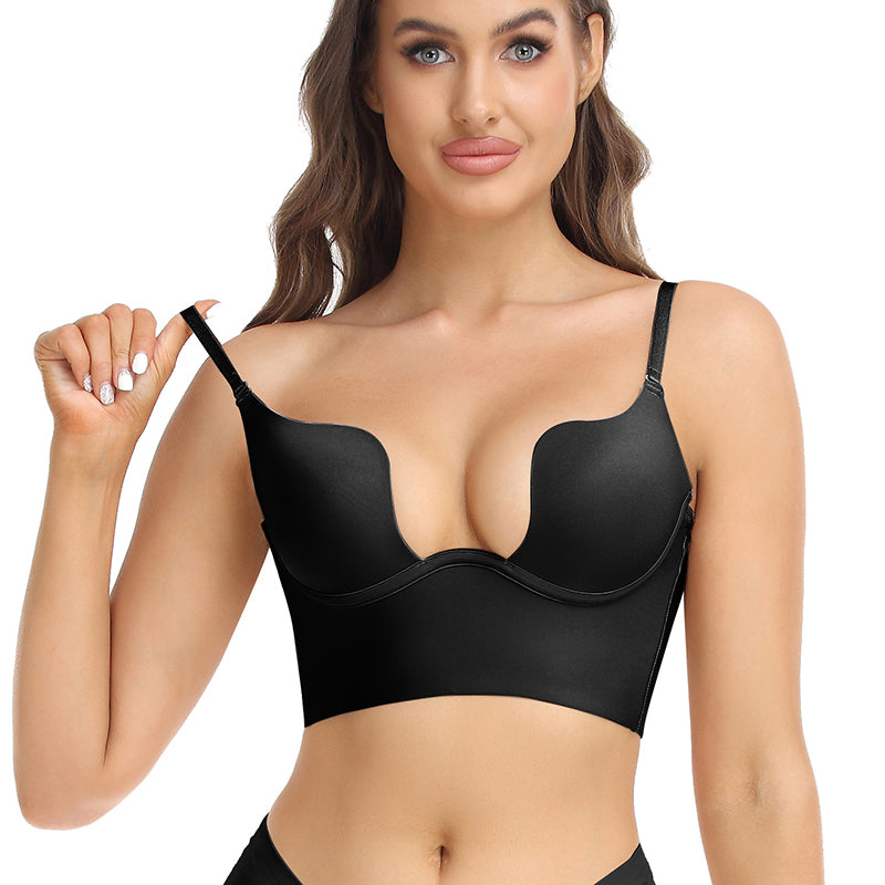 Seam-free Womens Low Cut Plunge Bra Wire Lifting Deep U Shaped Multi-Way Push Up Convertible Plunge Backless Sexy Bra