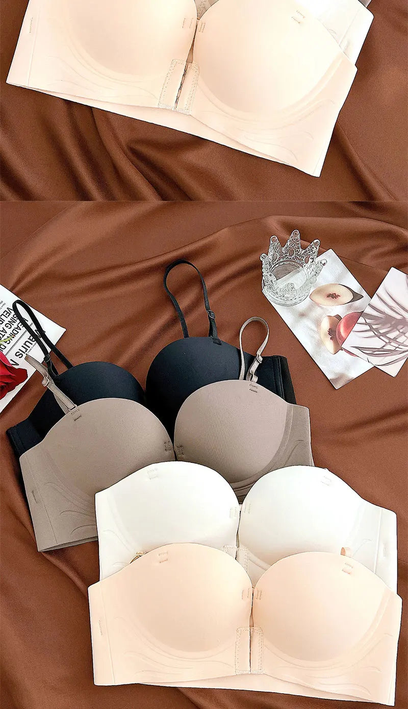 Front Closure Push Up Bras Women's Sexy Seamless Plunge No Steel Brassiere Thick Female Underwear Solid Color Invisible Lingerie